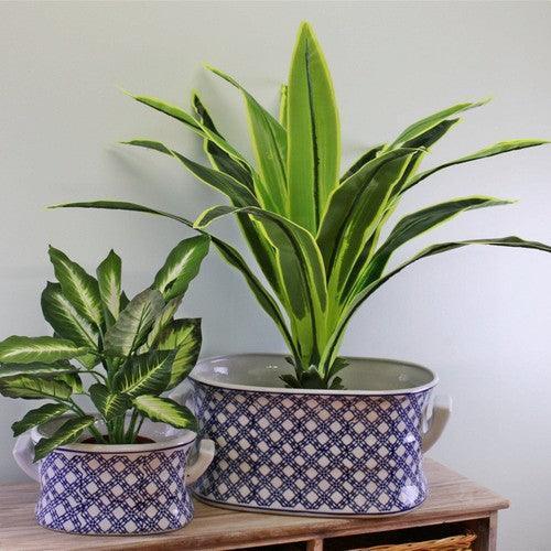 2 Ceramic Footbath Planters featuring a Vintage Blue and White Geometric Pattern-Footbath Planters-AfiLiMa Essentials