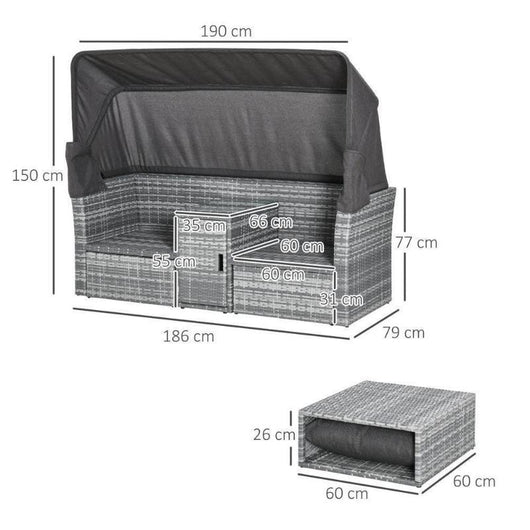 2-Seater PE Rattan Daybed with Footstool and Tempered Glass Table-Garden Furniture-AfiLiMa Essentials