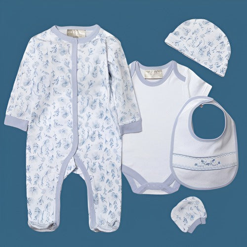 Blue Floral pattern 6 Piece Baby Sleepsuit By Rock A Bye Baby