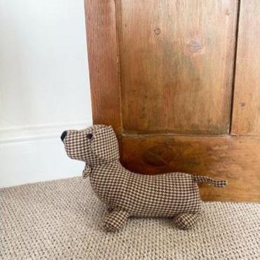 Brown Herringbone Fabric Sausage Dog Doorstop-Door Stop-AfiLiMa Essentials