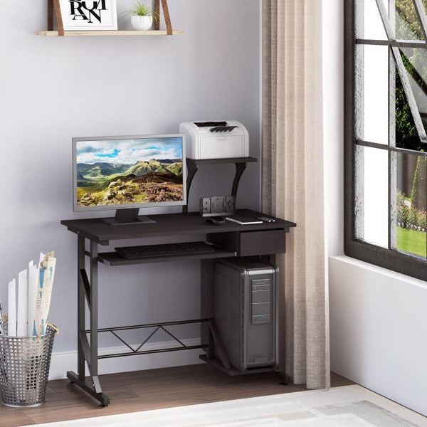 Dark Brown Wood Office Desk with PC Shelf and Tray-Computer Desk-AfiLiMa Essentials