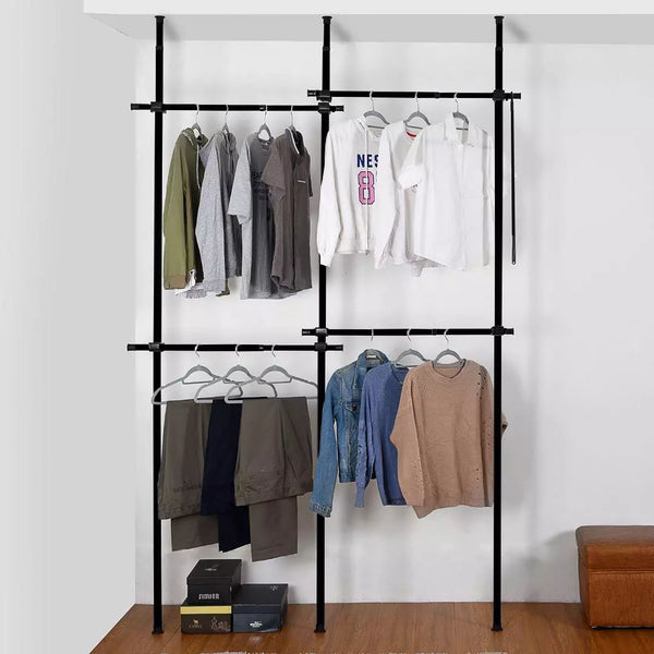 Double Black Telescopic Wardrobe Organiser Hanging Rail Clothes Rack Adjustable Storage Shelving-Telescopic Wardrobe-AfiLiMa Essentials