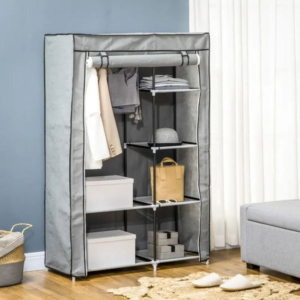 Fabric Wardrobe Portable Wardrobe with 6 Shelves 1 Hanging Rail Light Grey-Portable Wardrobe-AfiLiMa Essentials