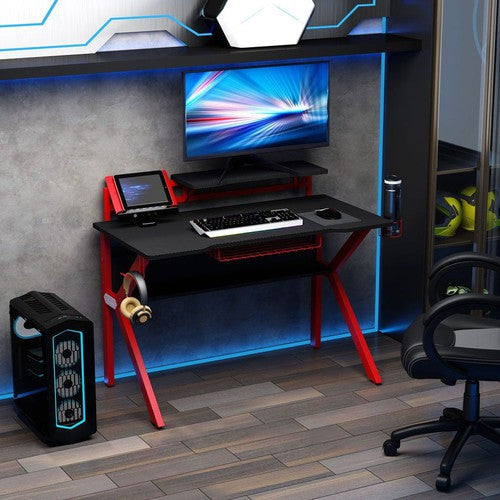 Gaming Desk w/ Cup Holder Headphone Hook Basket, Red-Computer Desk-HOMCOM-AfiLiMa Essentials