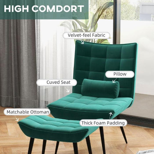 Green Armless Accent Chair and Footstool Set with Pillow and Steel Legs-Armless Accent Chair-AfiLiMa Essentials