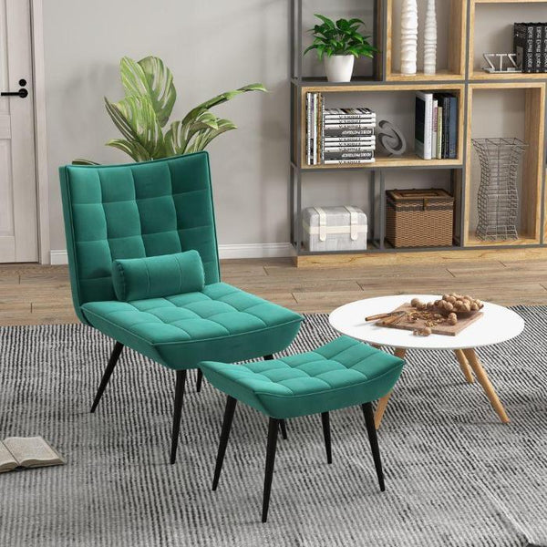 Green Armless Accent Chair and Footstool Set with Pillow and Steel Legs-Armless Accent Chair-AfiLiMa Essentials