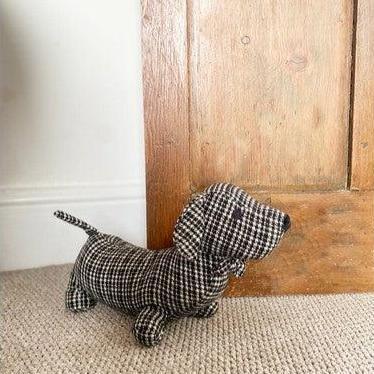 Grey Herringbone Fabric Sausage Dog Doorstop-Door Stop-AfiLiMa Essentials