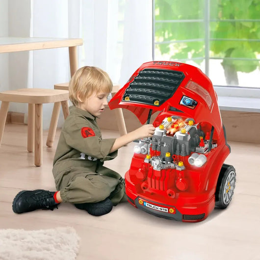 Kids Truck Engine Toy Set w/ Horn, Light, Car Key for 3-5 Years Old Red-HOMCOM-AfiLiMa Essentials