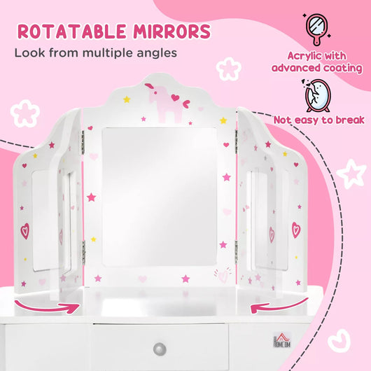 Kids Vanity Table & Stool Girls Dressing Set w/ Rotatable Mirror Drawer HOMCOM-AfiLiMa Essentials