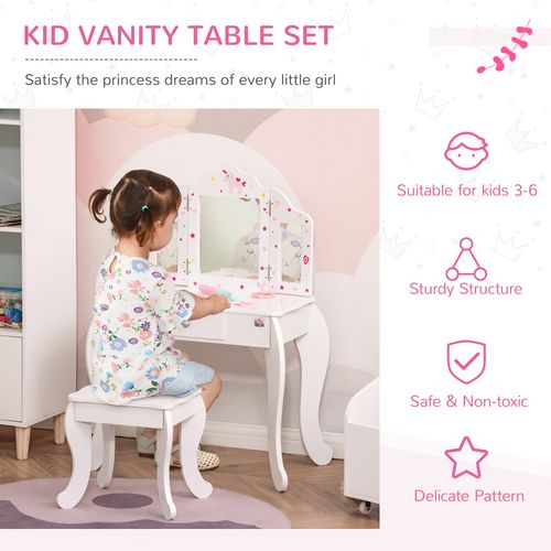 Kids Vanity Table & Stool Girls Dressing Set w/ Rotatable Mirror Drawer HOMCOM-AfiLiMa Essentials