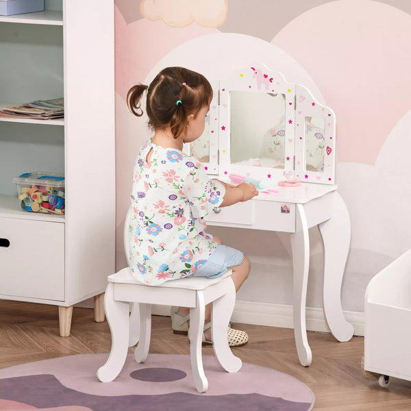 Kids Vanity Table & Stool Girls Dressing Set w/ Rotatable Mirror Drawer HOMCOM-AfiLiMa Essentials