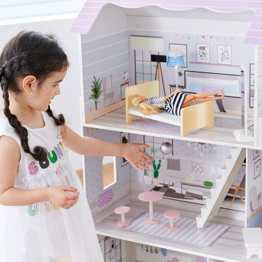 Little World Large Kids Wooden Dolls House & 16 Accessories, Purple-Dolls House-Olivia's Little World-AfiLiMa Essentials