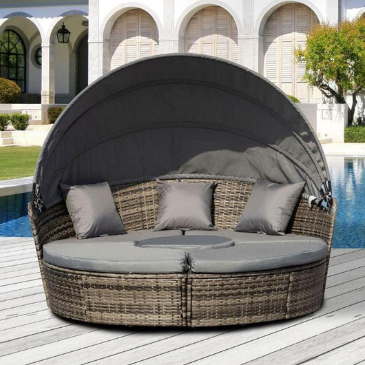 Outdoor Round Rattan Sofa Bed with Cushions & Table-Garden Furniture-AfiLiMa Essentials