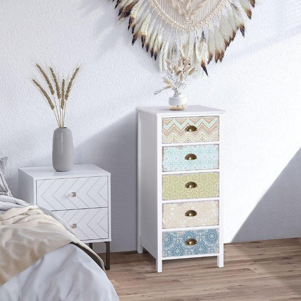 Retro Style 5-Drawer Storage Chest, White Wood Dresser for Entryway-Storage Chest Unit Dresser-AfiLiMa Essentials