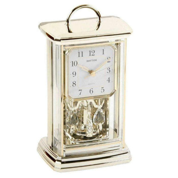 Rhythm Oblong Mantle Clock with Handle and Rotating Pendulum, Gilt Arab Dial-Desk & Shelf Clocks-AfiLiMa Essentials