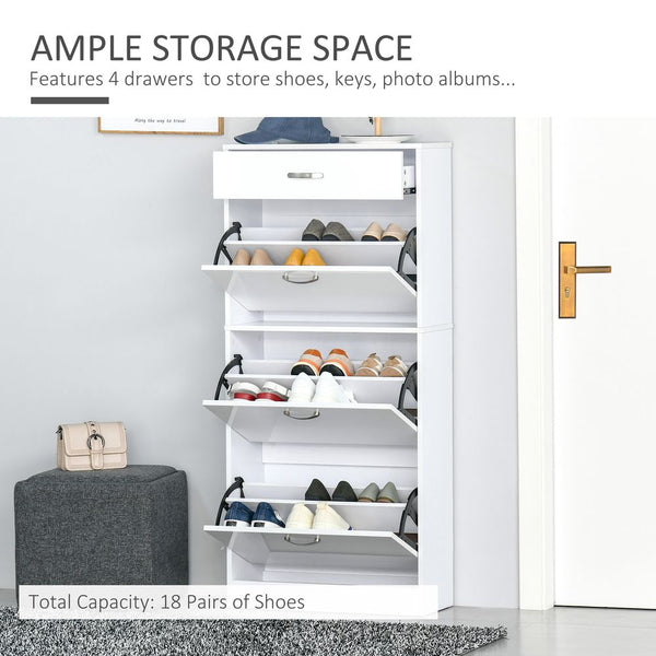 Shoe Cabinet 4 Drawers Storage with Flip Doors Shelves for 18 Pairs White-HOMCOM-AfiLiMa Essentials