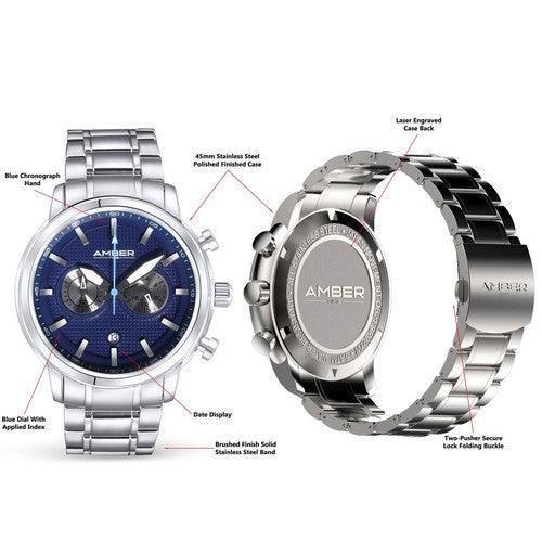 Time Men's Quartz Chronograph Watch Stainless Steel Band-Blue-Watches-AfiLiMa Essentials