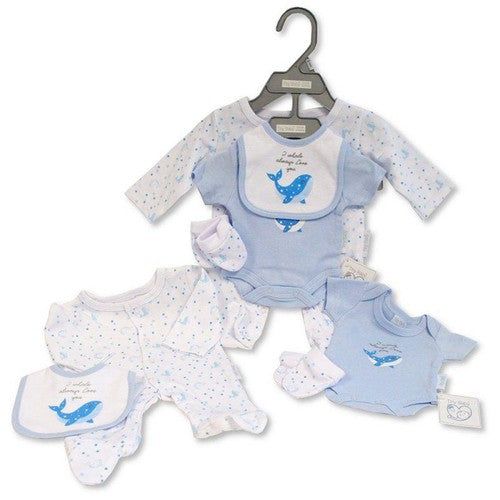 Tiny and Premature Baby Boy 4 Piece Sleepsuit Set - Whale Design