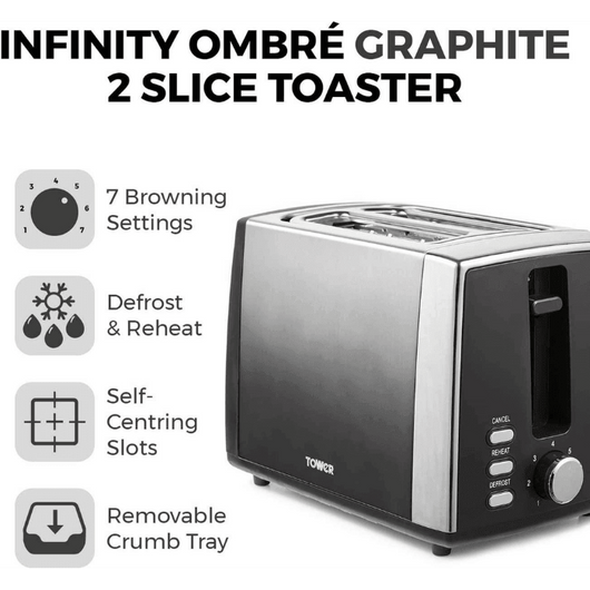 Tower Infinity Ombre Graphite 900W 2 Slice Toaster-Toaster-AfiLiMa Essentials