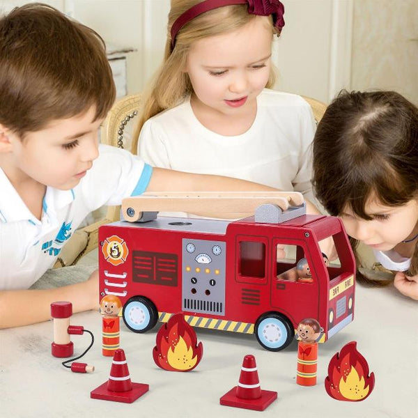 Wooden Fire Truck Toy with Firefighter Figures for Kids 3+-Toy-AfiLiMa Essentials