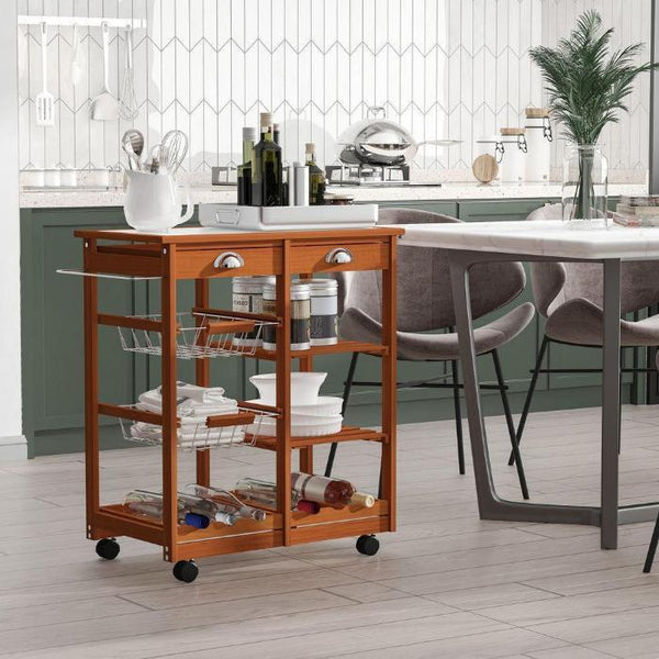 Wooden Kitchen Trolley Tile Top W/6-Bottle Wine-Storage Cabinet-AfiLiMa Essentials